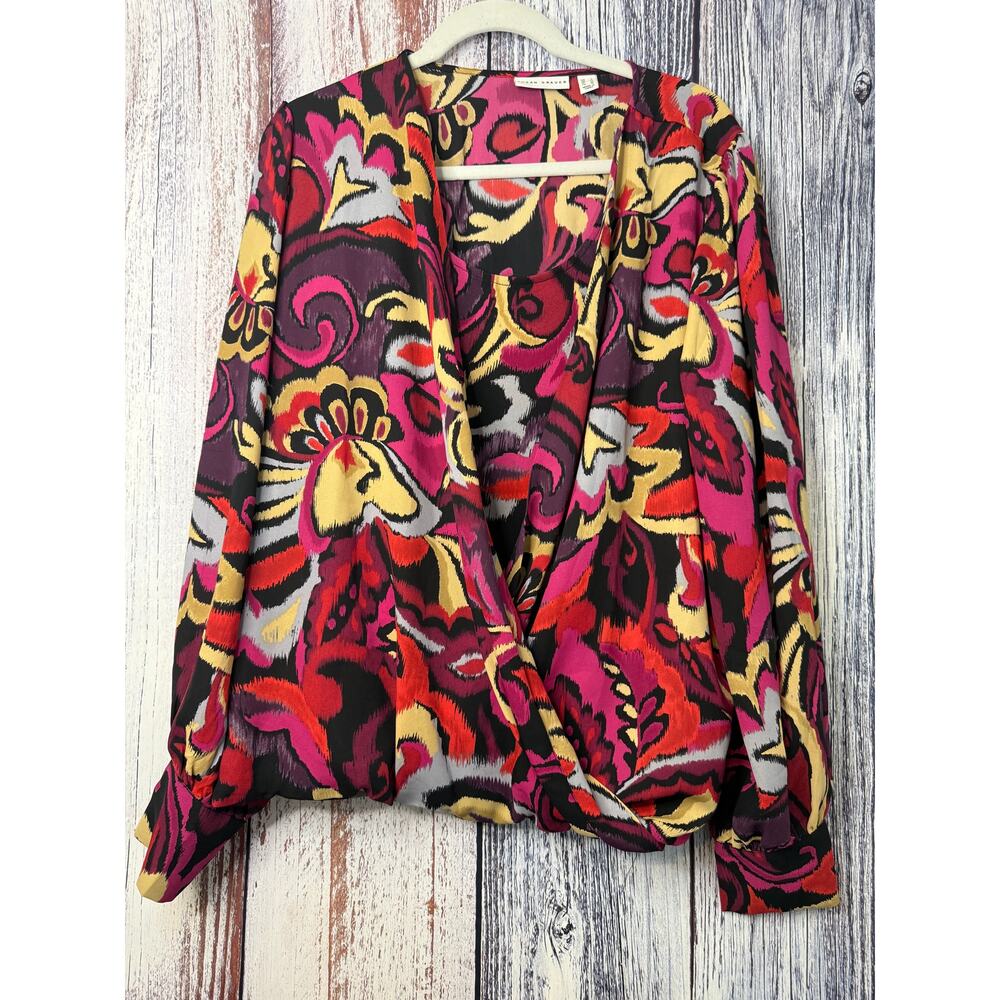 Susan Graver Printed Woven Blouse Top with Inner Tank Large